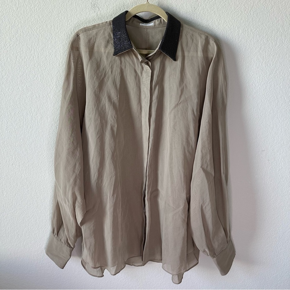 Brunello Cucinelli Monili Beads Embellished Collar Shirt in Coffee Beige SZ 3 XL - Picture 3 of 11
